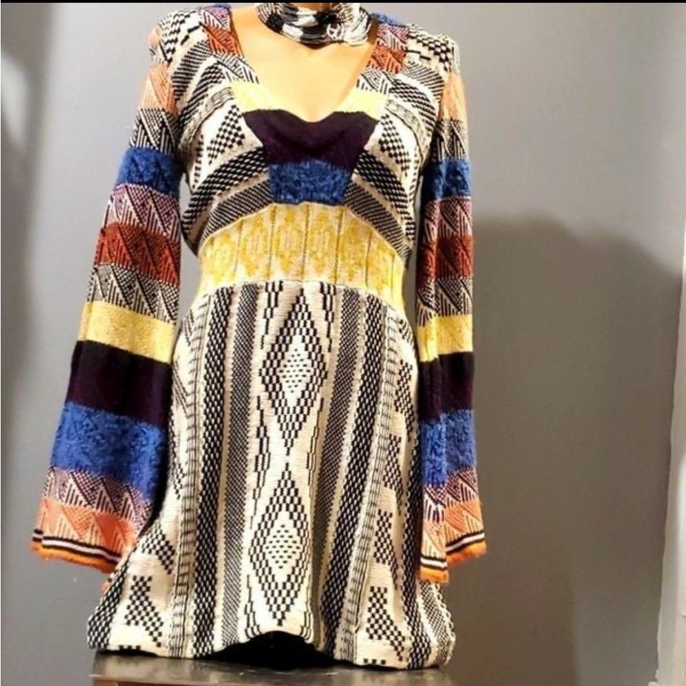 Rainbow free people warm sweater dress with ties